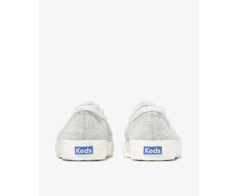 Womens Keds Slip Ons - Double Decker Brushed Denim Faux Shearling - Grey - 2085-QKVJE